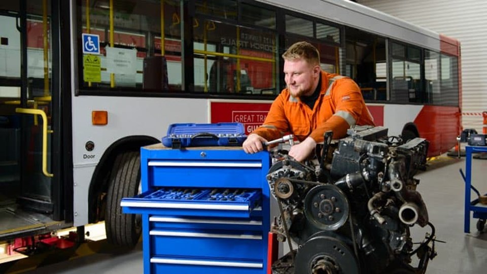 GTG Kilbirnie Street apprentice working on bus engine in workshop